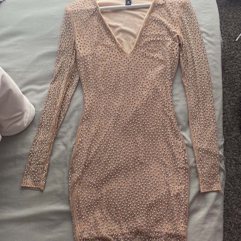 Windsor Tan Beaded Long Sleeve Bodycon Dress